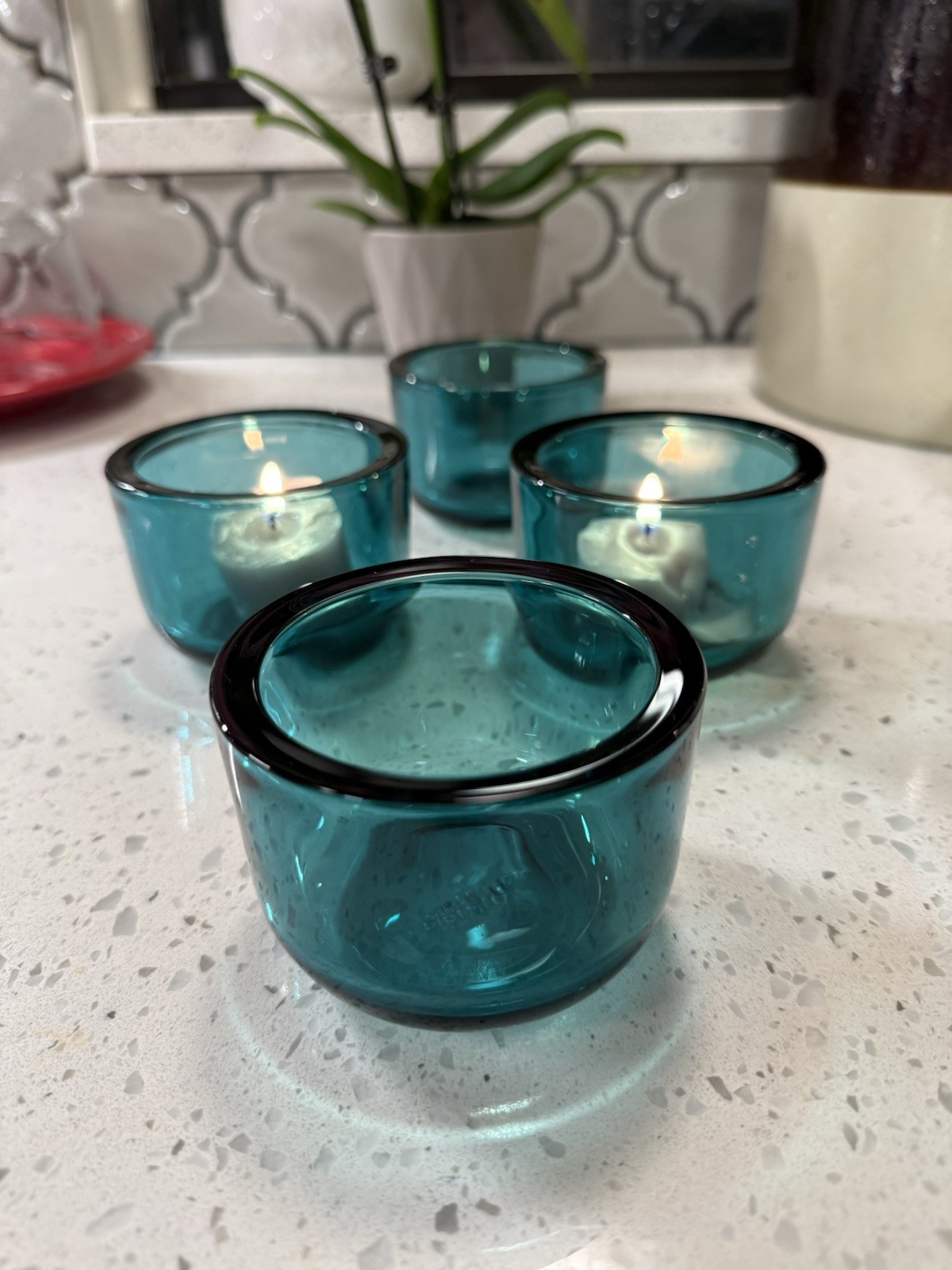Iittala Set of 4 Turquoise Glass Votive Tealight Candle Holders Finland