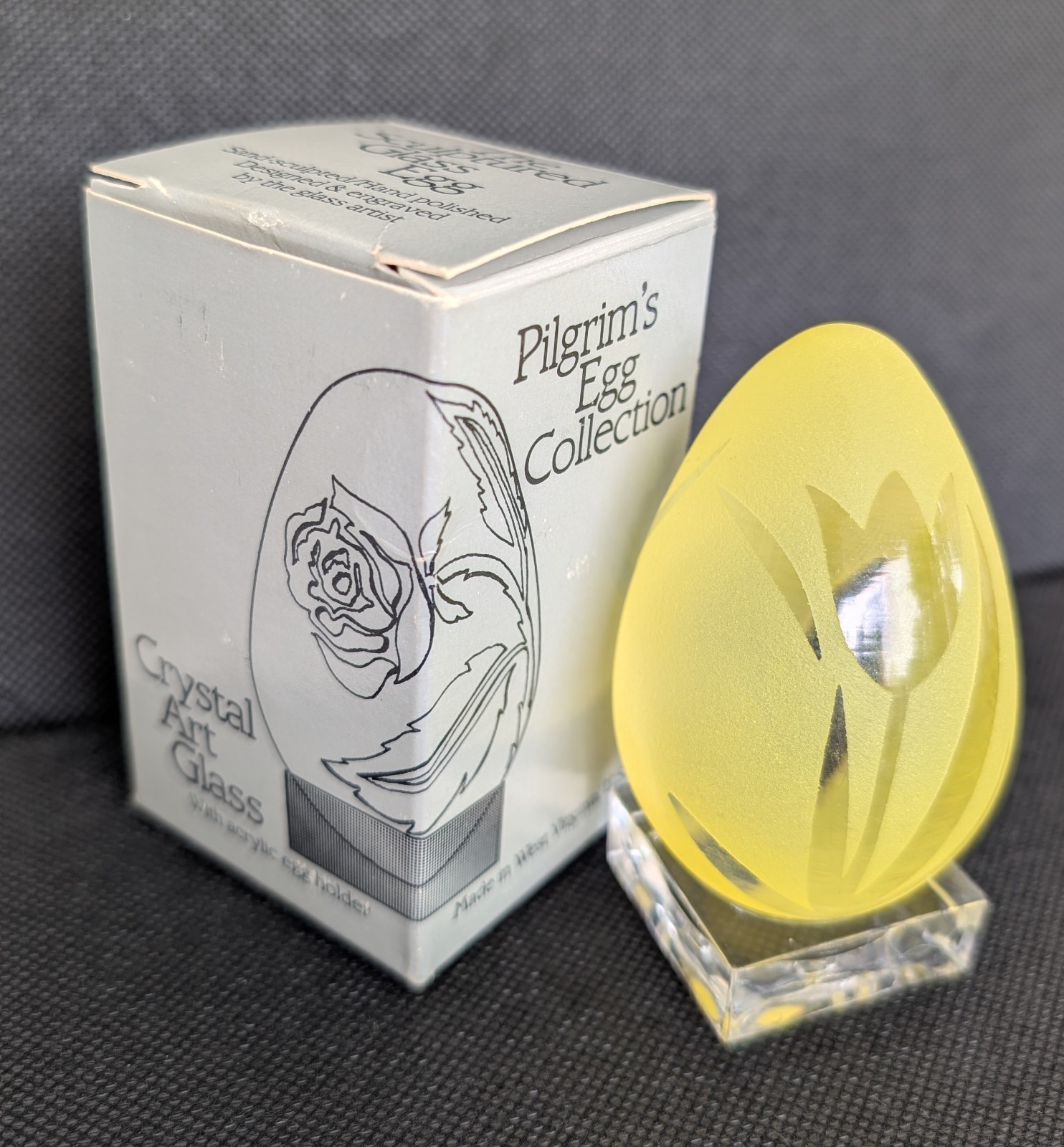 Vtg Pilgram Glass Sand Carved Egg Yellow with Tulips Original Box Acrylic Stand
