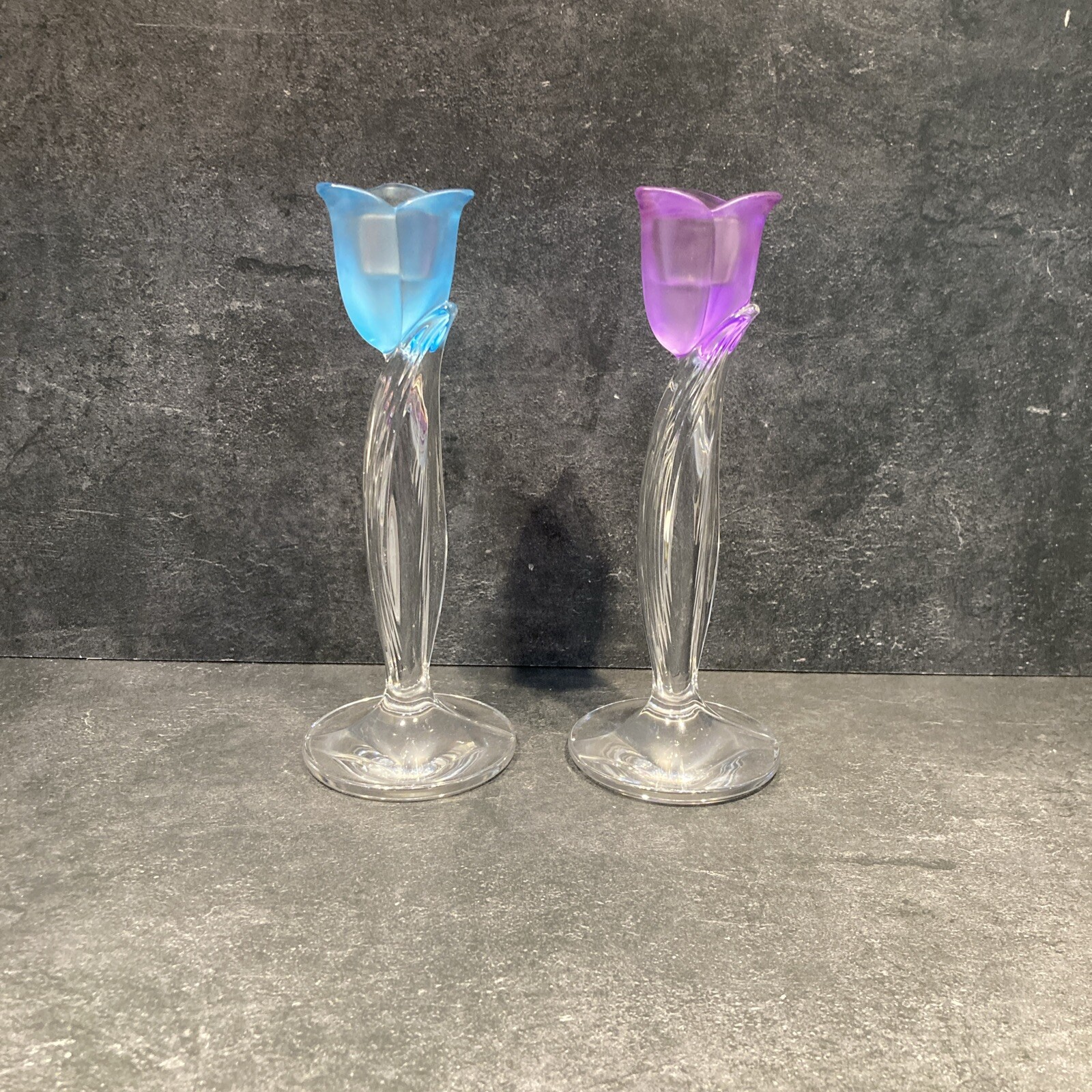 2 Mikasa Glass Lead Crystal Tulip Taper Candle Sticks Frosted Purple & Blue
