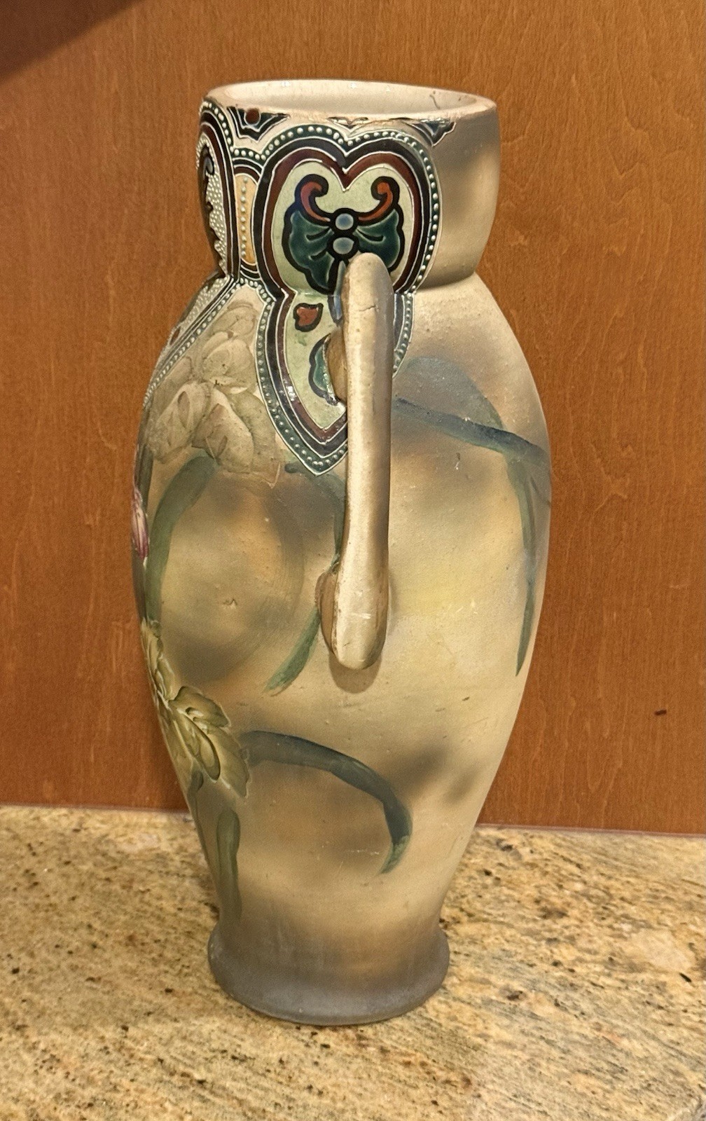 Art Nouveau 15” Hand-Painted Double Handle Floral Vase –Matte Finish Iris Design