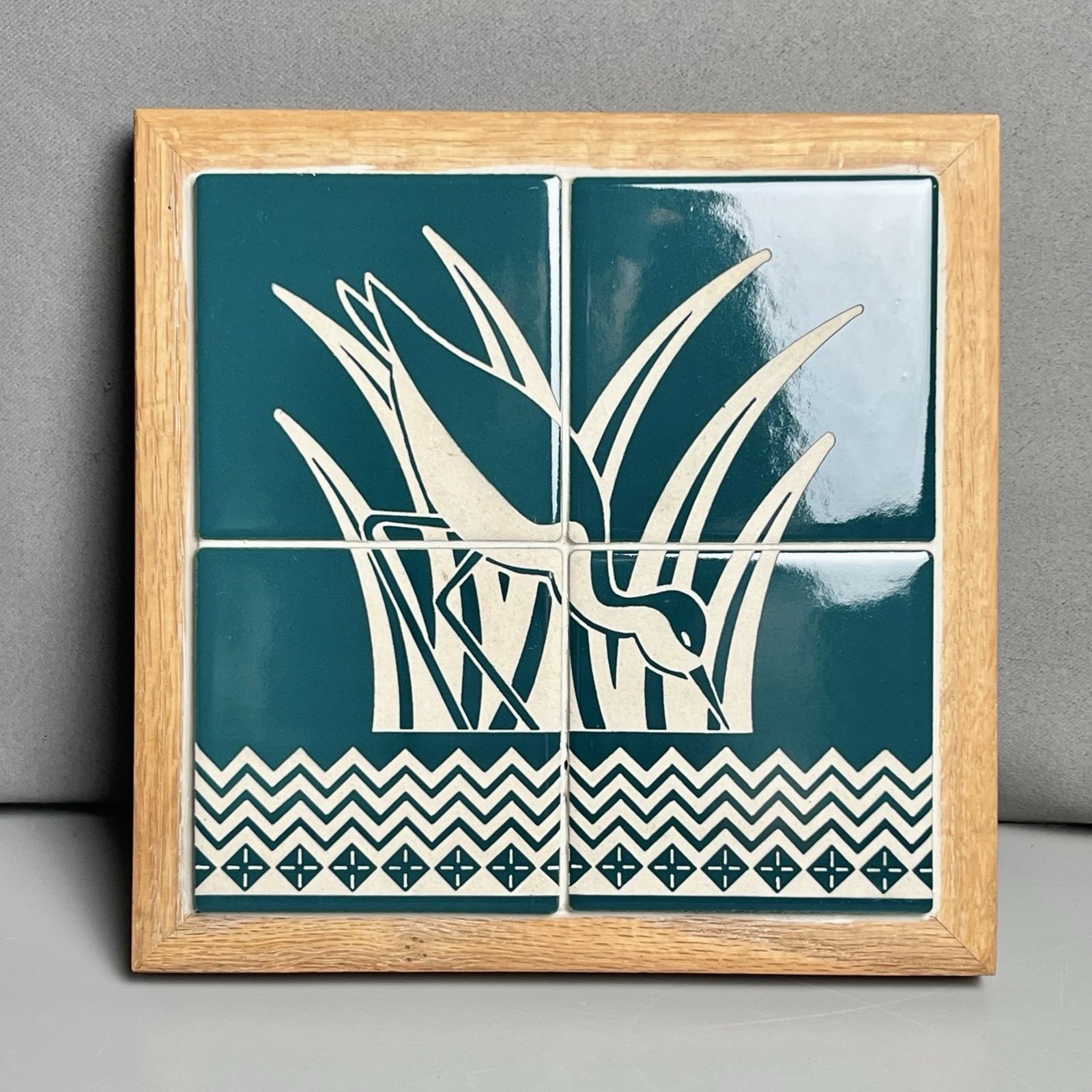 Glass Horizon Tile Artwork 1989 Waterfowl and Reeds Green Tile Wood Frame & Base