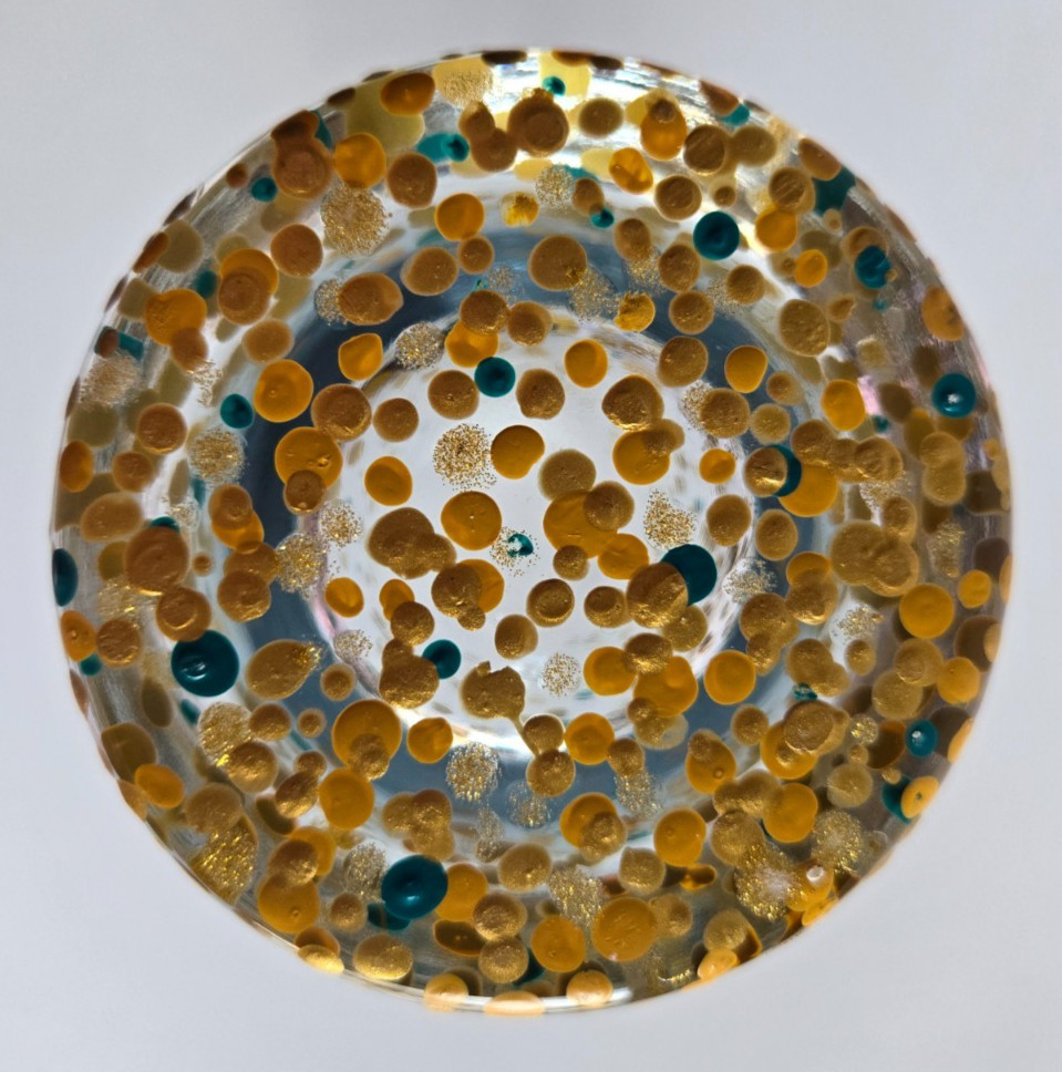 Gold & Teal Confetti & Clear Glass Art Glass Vase 8″. Measures 3.5 x 2.75 in.