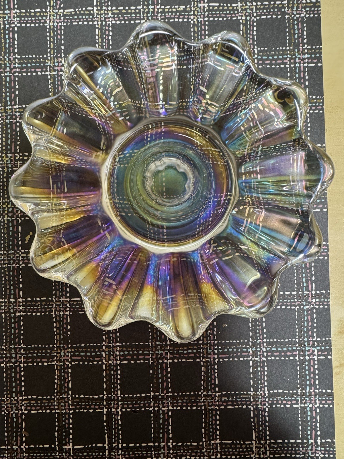 Celestial Atomic Starburst Iridescent Federal Glass 5 3/8” Candle Holders Set
