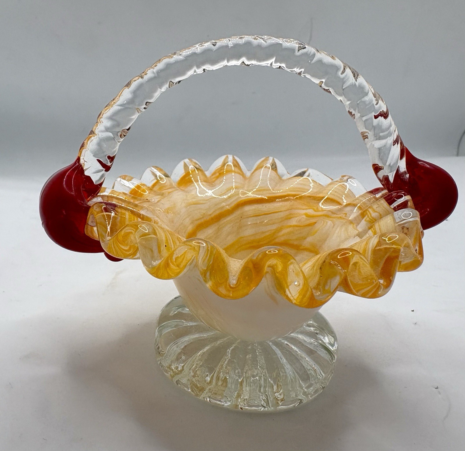 Miniature Glass Basket Orange And Yellow Marbled Art Glass With Ruffled Rim VTG