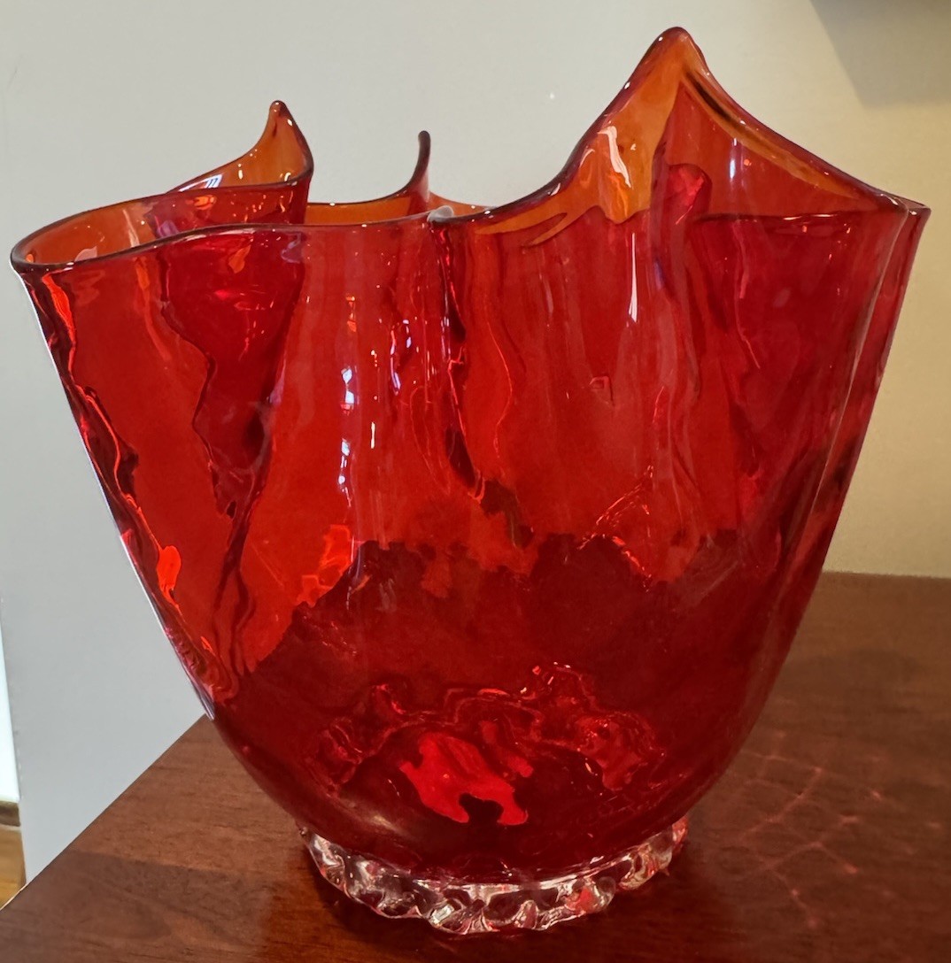 VINTAGE Murano Venetian Red Clear Gold Handkerchief Centerpiece Bowl Italy 6”