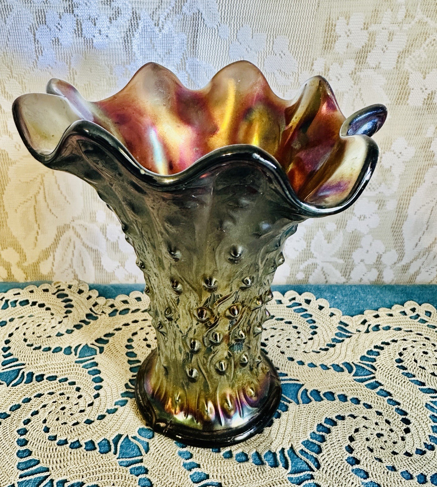 1940’s Northwood Tree Trunk Amethyst Iridescent Carnival Glass Swung Vase
