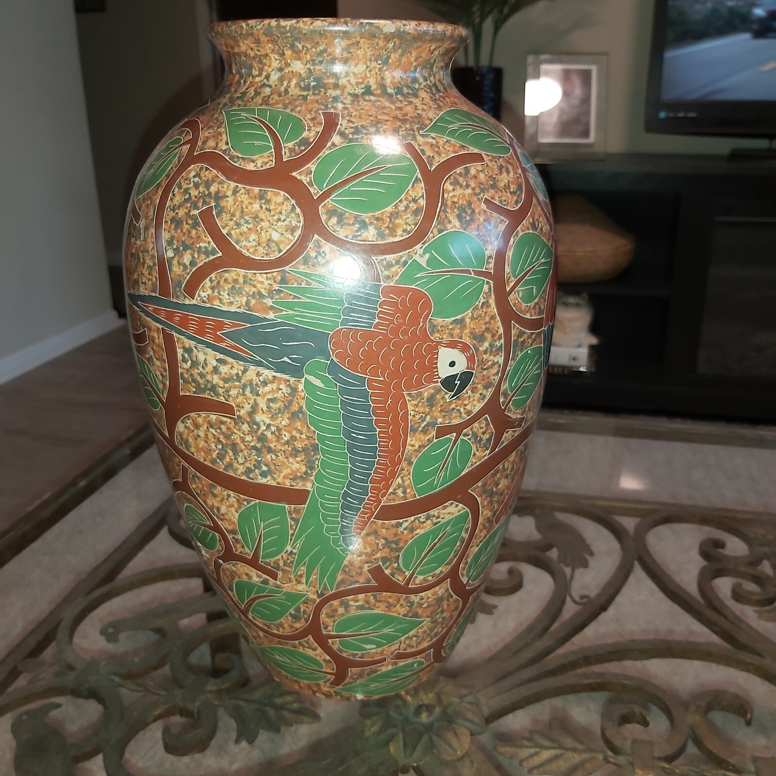 Vintage Handmade Clay Vase Decorated with Parrots And Trees READ