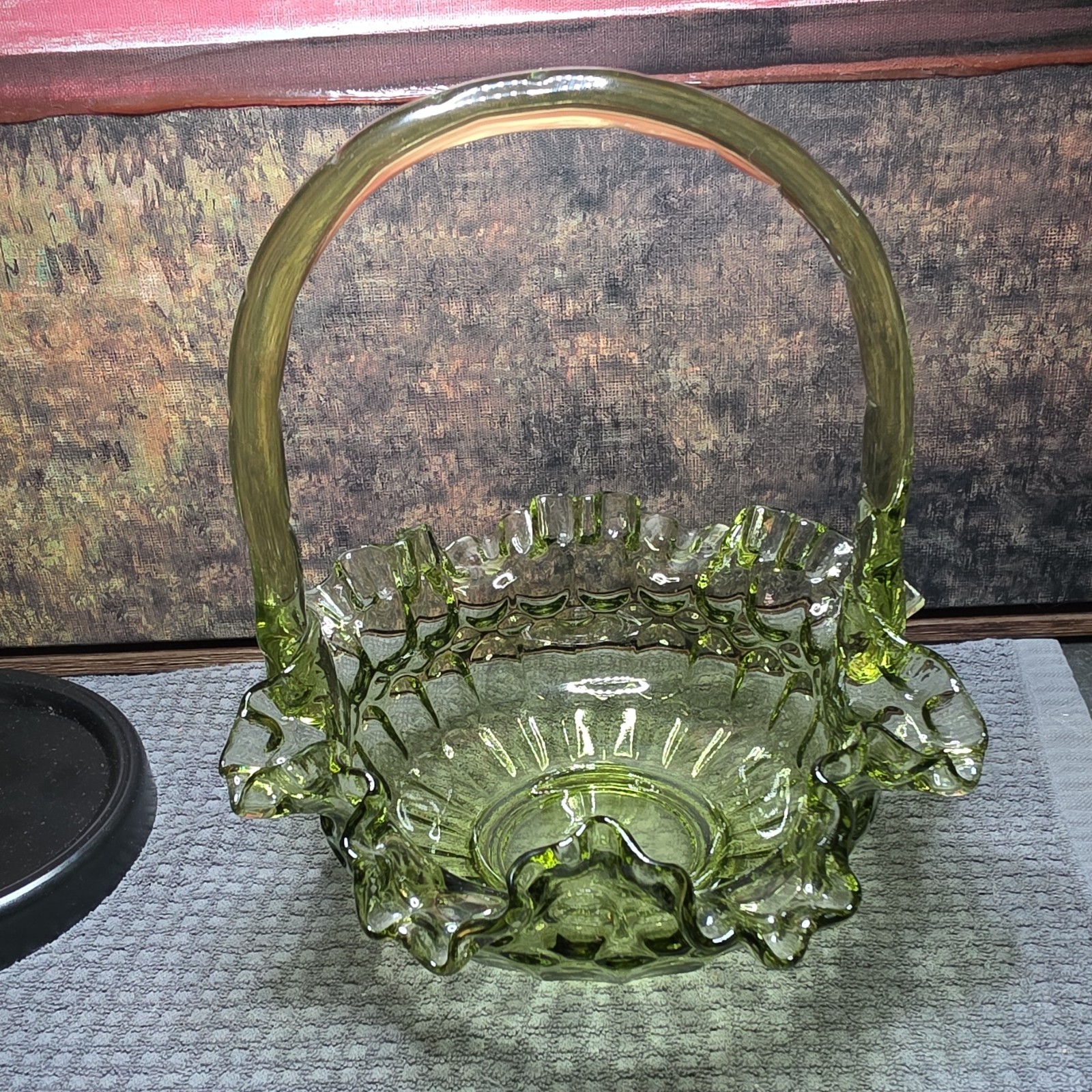 Green Glass Decorative Basket with Handle Ruffled Edge Approx 10″ Tall 8″ Wide