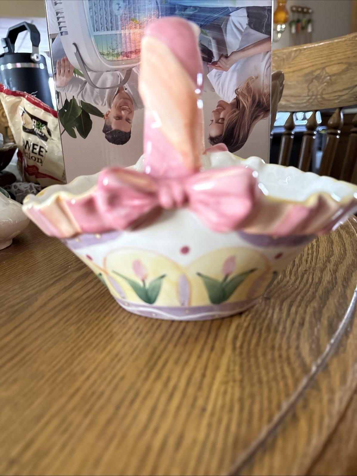 Ashley Collection Pink Ceramic Basket Lilies Easter Decor 5.25 X 6.75”
