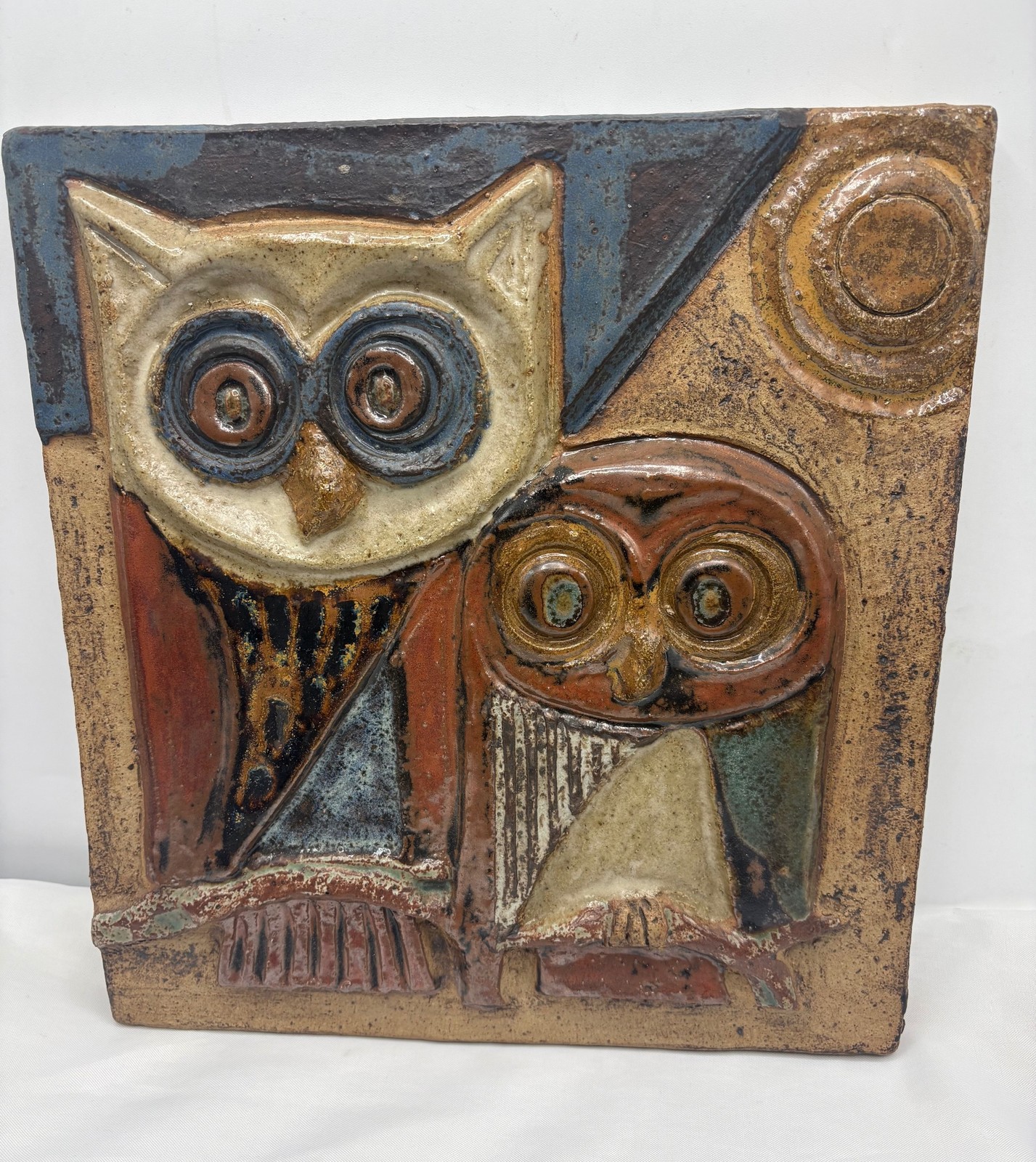 MCM Rheinfelden pottery Double owl Stoneware plaque BIG 11.5″ x 10.5″ -signed