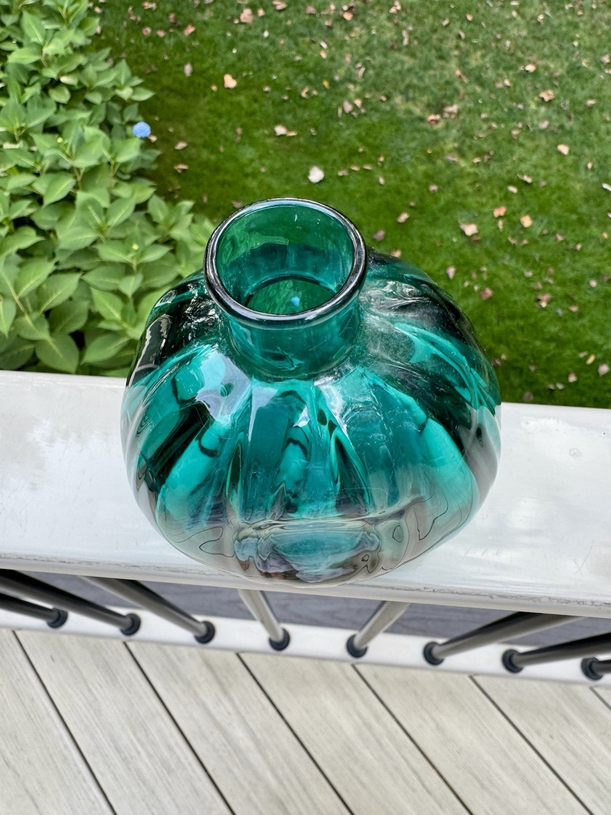 Museum Of Modern Art Hand Blown Ribbed Aqua Green Glass Flask Vase 5.5”