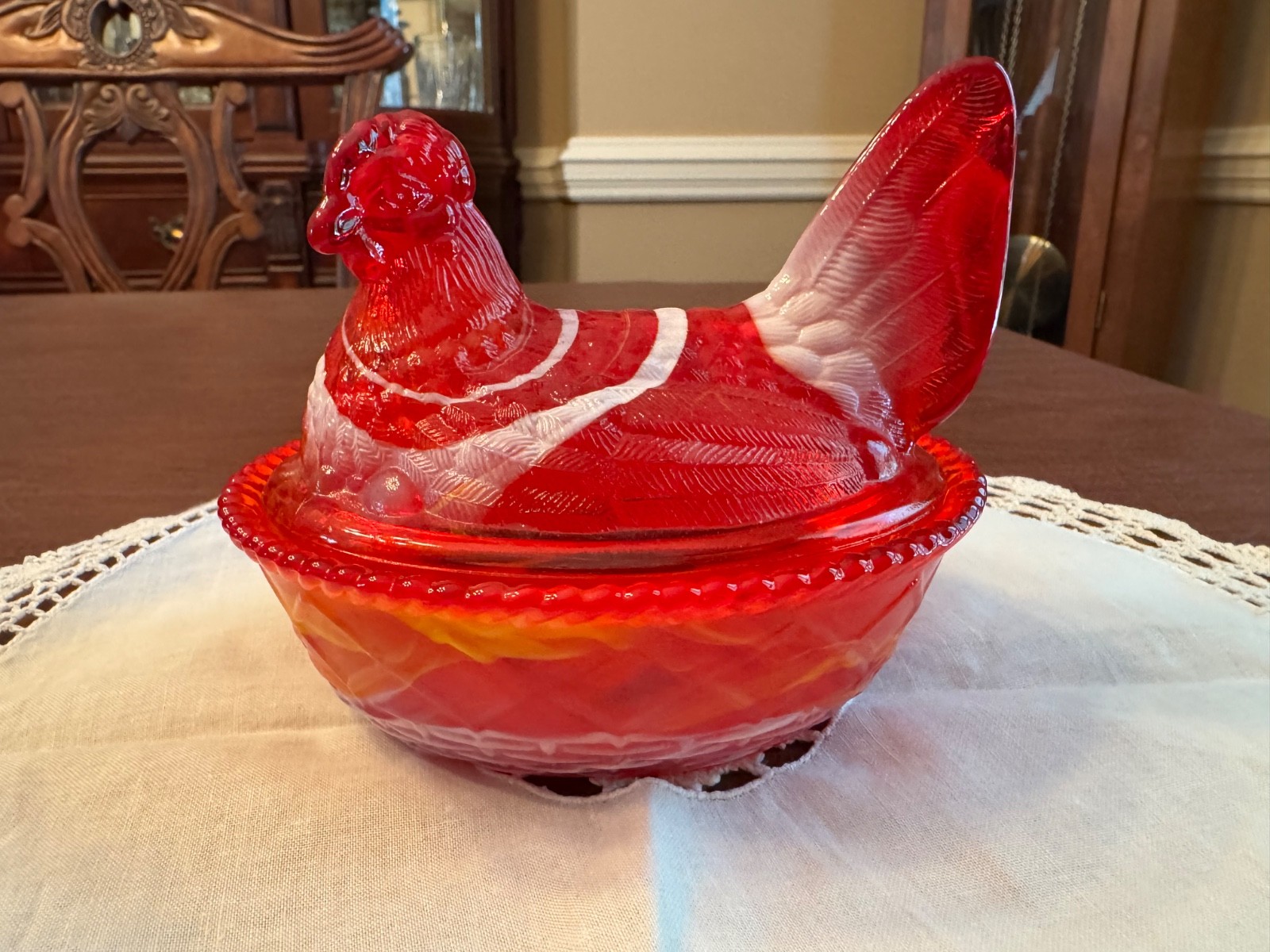 Westmoreland Slag Glass Hen on Nest Red Yellow UV Reactive Cadmium Glow RARE