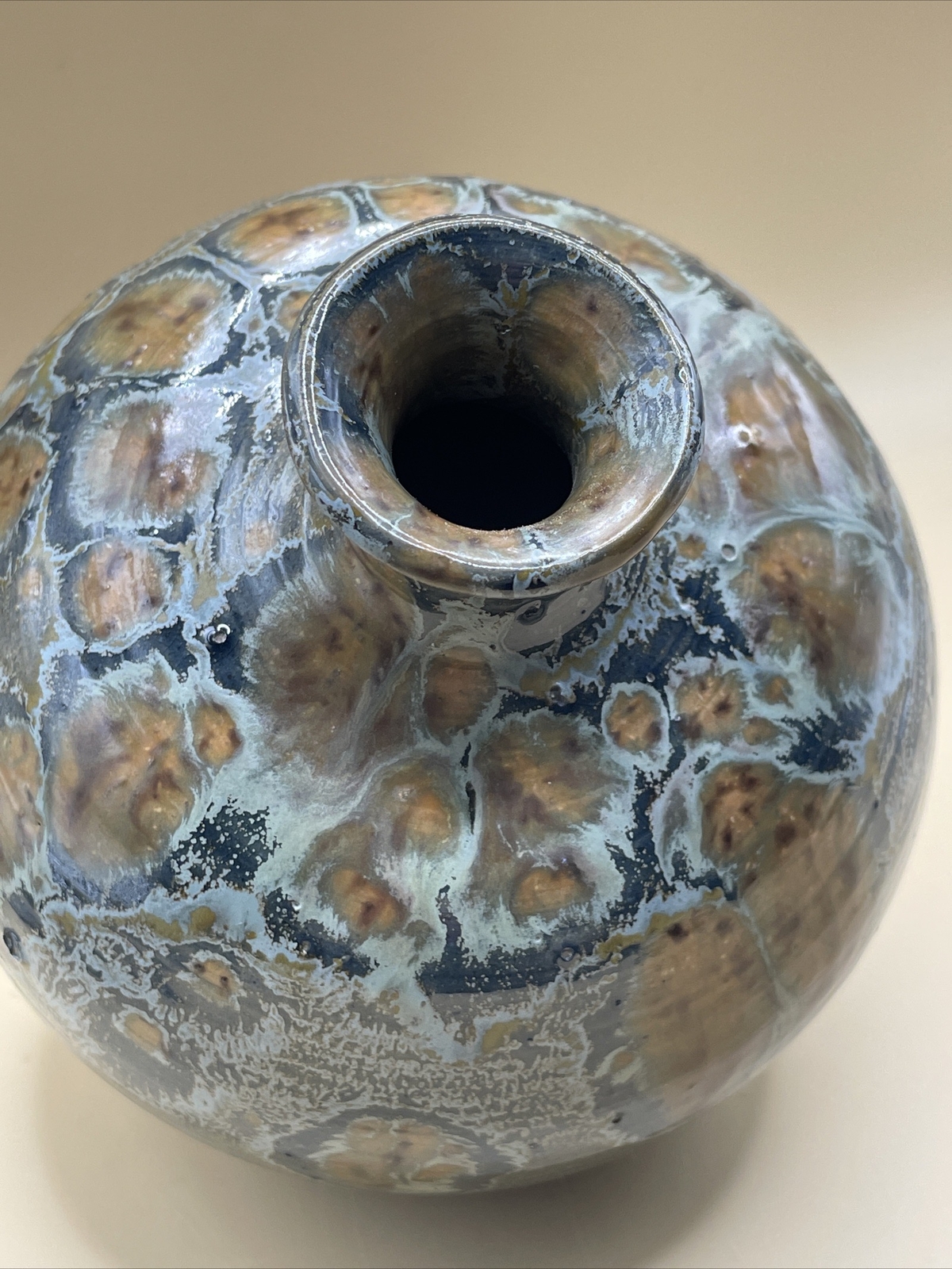 Art Pottery Round Bud Vase Brown/Blue/Gray Spotted Signed- Home Table Decor