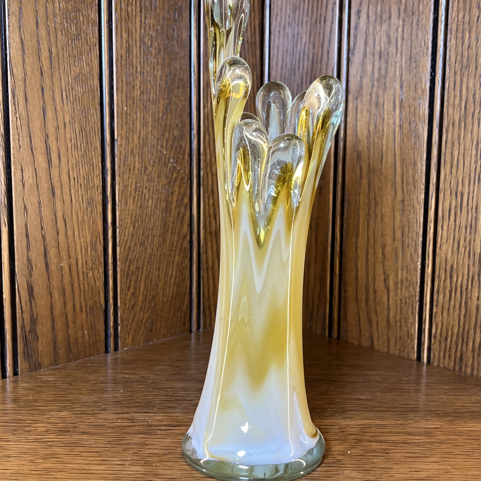 12″ Hand Blown Heavy Pulled Finger Mustard Yellow White Brown Art Glass Vase