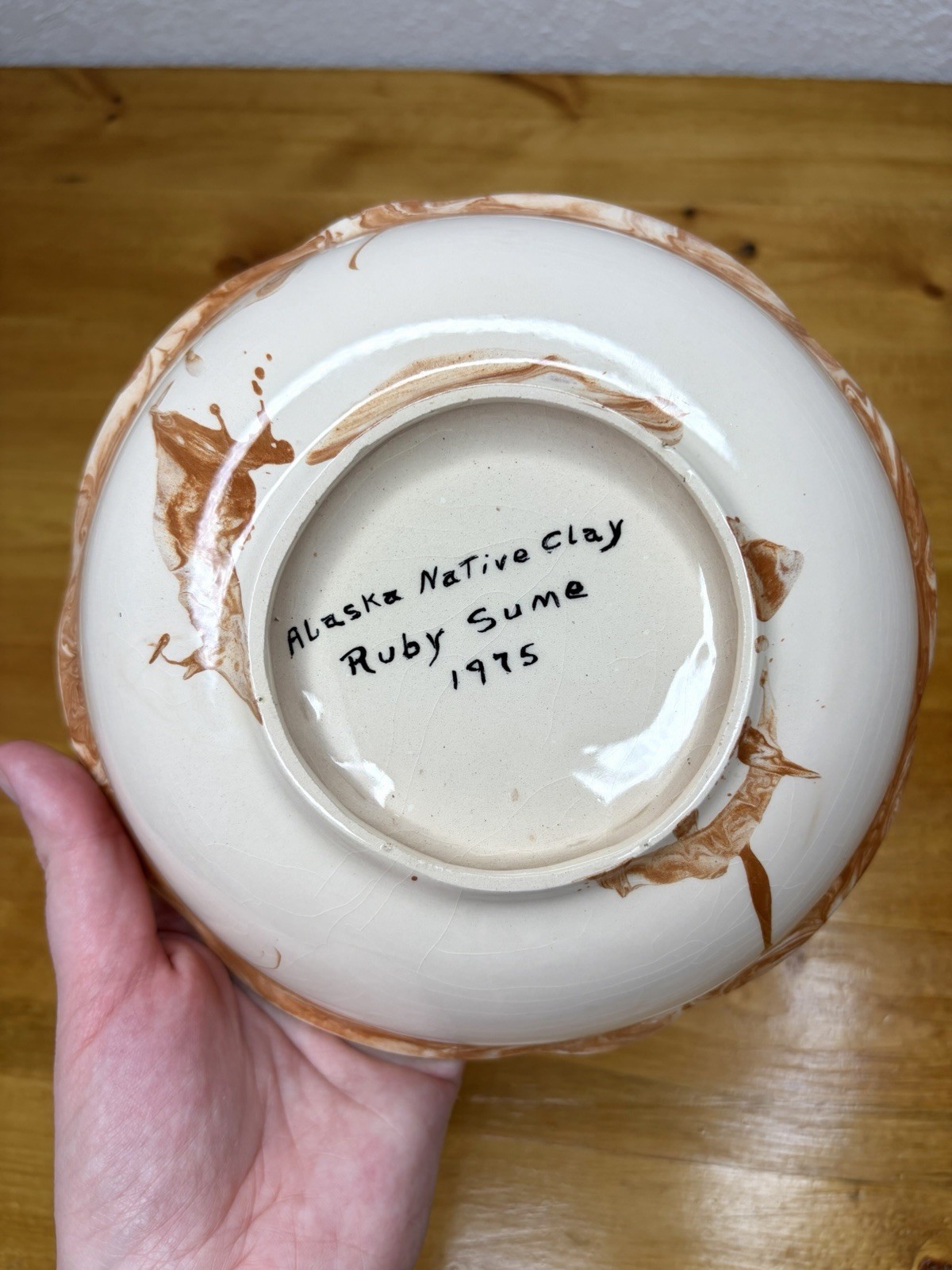 Vintage 1975 Alaskan Native Clay Pottery Bowl Ceramic Marble Cream and Brown