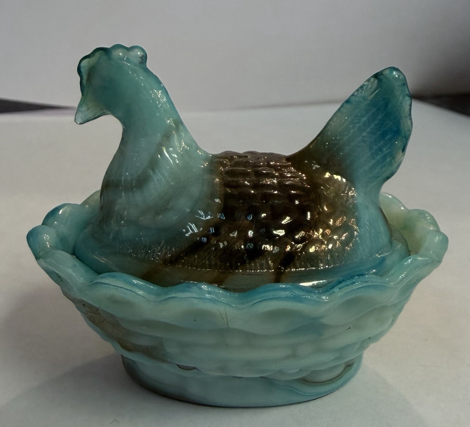 Boyd Glass Hen On Nest Salt Cellar Swirled Aruba Slag Aqua Bronze