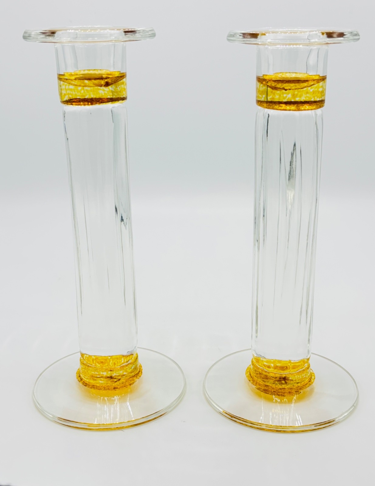 Pair Of Art Glass Candle Stick Holders Hand Blown w/ Gold Signed L M 94 Scotland
