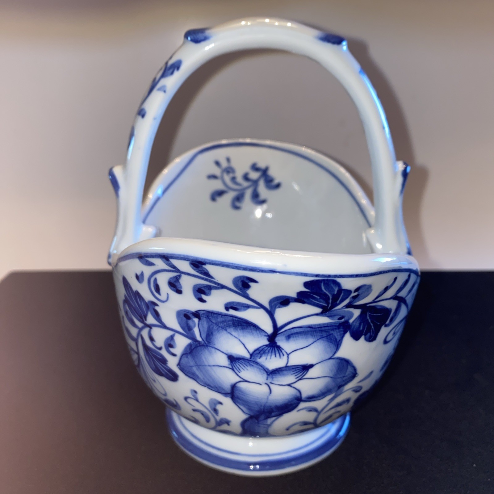 Andrea by Sadek Blue Mum Handled Handpainted Porcelain Basket