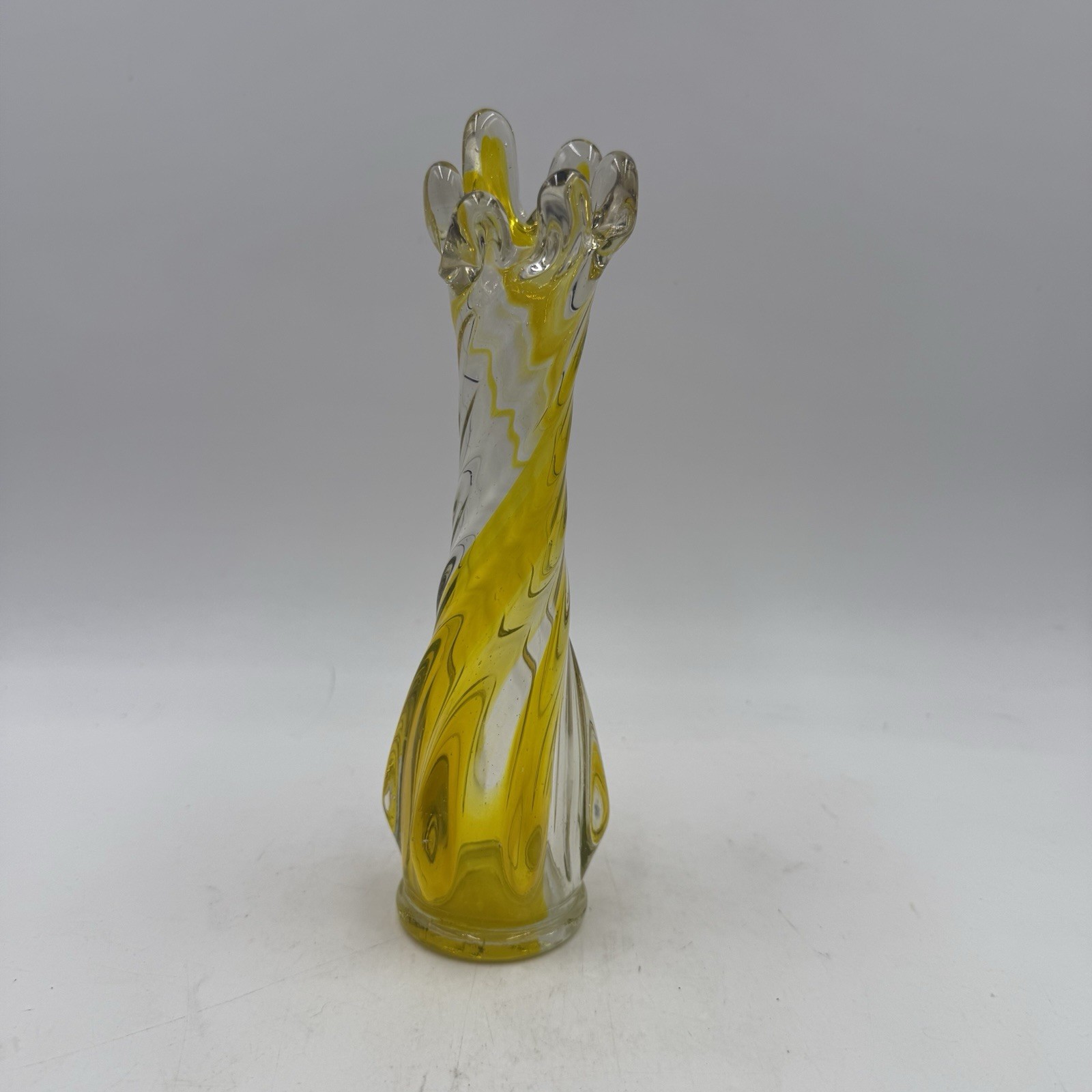 Yellow Murano Glass Vase with Twisted Stem and Petal Mouth 9 Inch Ribbed Vase