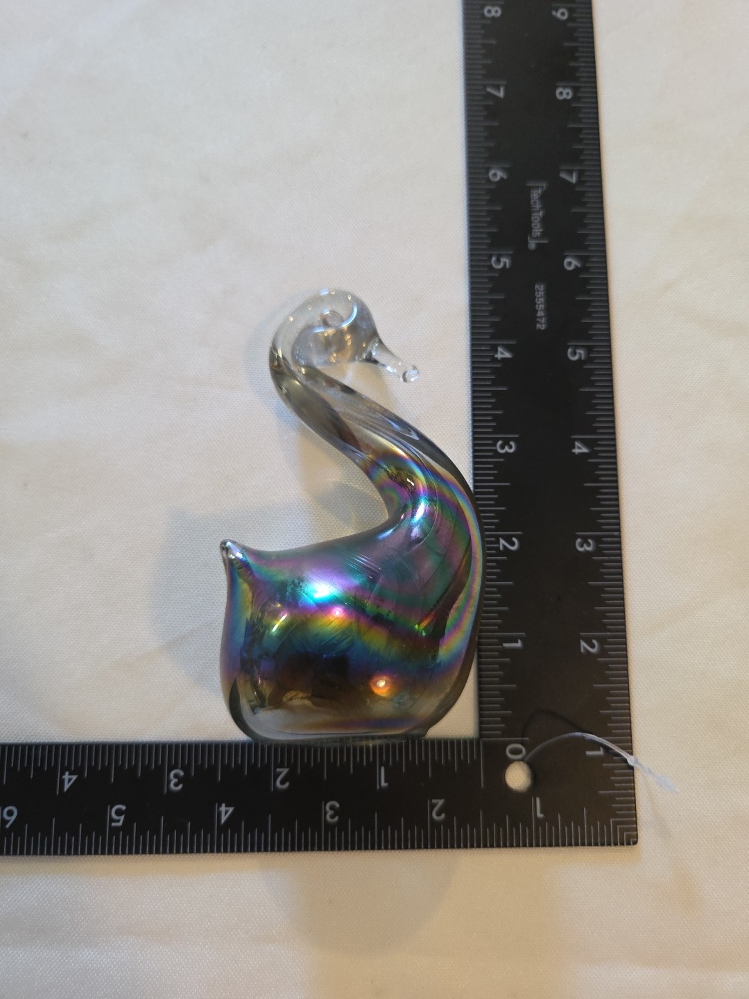 Vtg Rainbow Oil Slick Gray To Clear Hand Blown Glass Swan Paperweight 4”