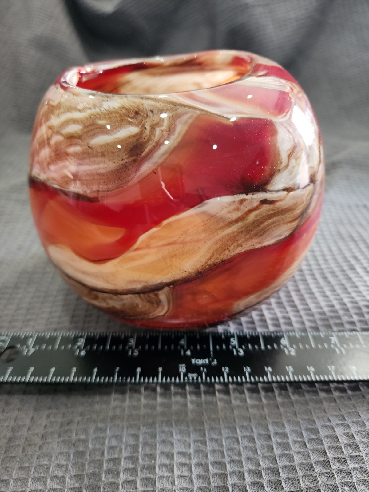 Glass Sphere Orange Red Brown White Round Vase 6” Unsigned