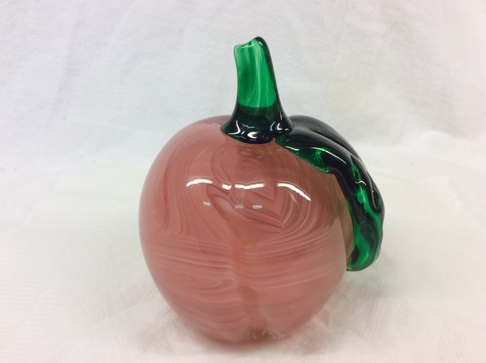 1997 Prestige Art Glass Pink Swirl Peach Blown Leaf Paperweight Signed GLOWS