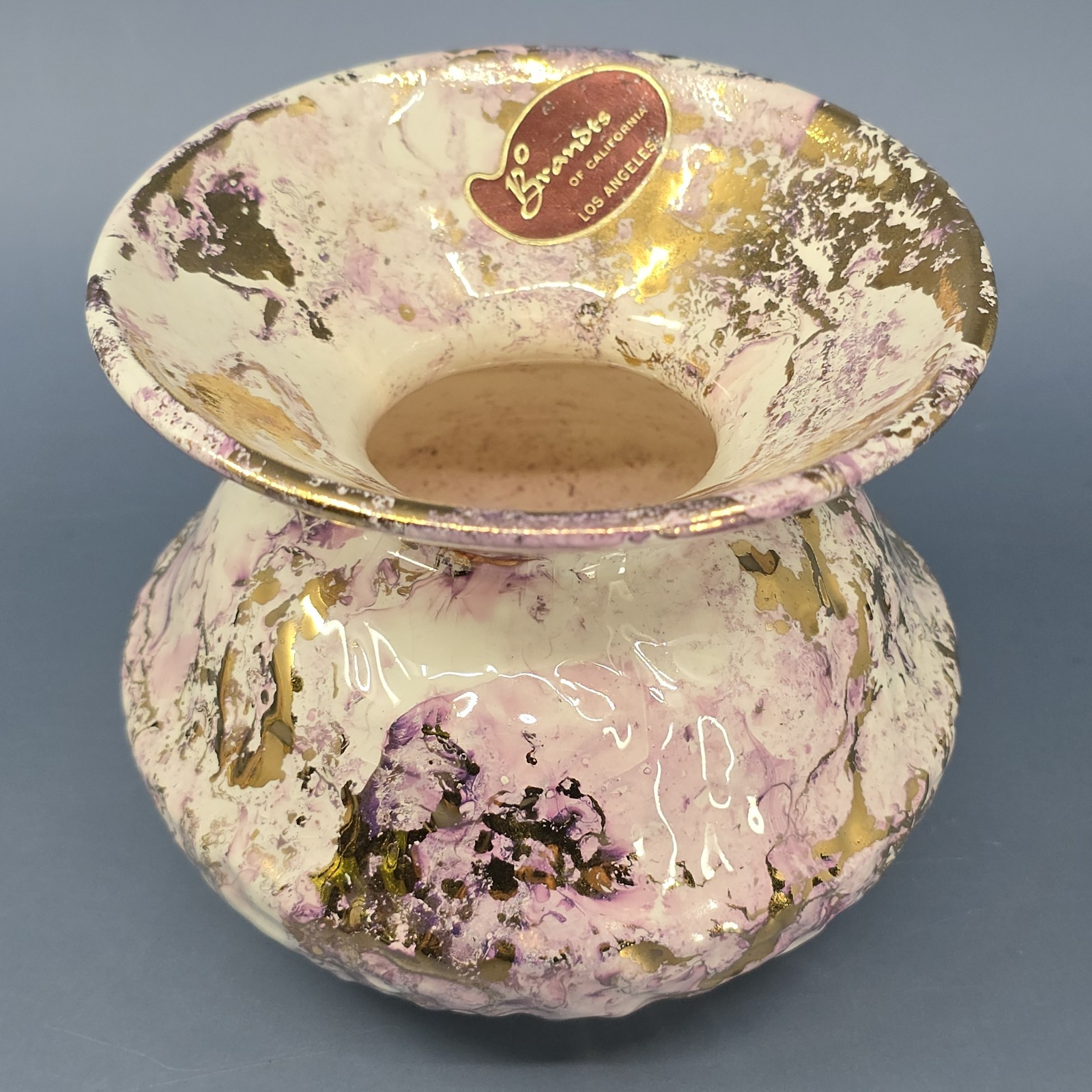 Vtg MCM Brandt California Pottery Vase Marbled Gold Speckle Pink Mauve