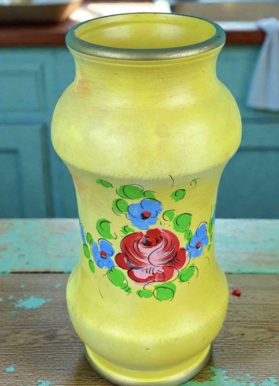 Italian Art Pottery Vase Hand Painted Yellow Floral Gold Matte Mid Century