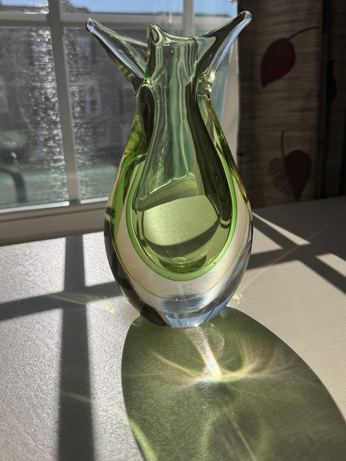 Vintage Murano Sommerso Art Glass Vase Green Amber Clear Split Rim Fishtail