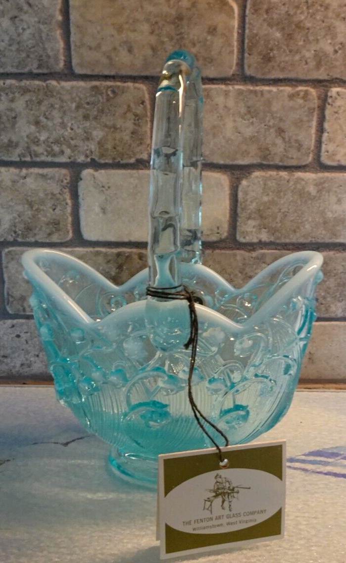 Fenton Art Glass Aqua Blue Opalescent Lily Of The Valley Basket – Original Label