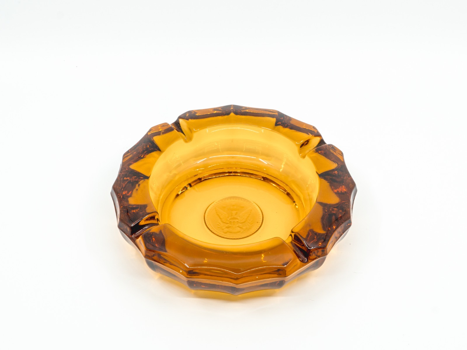 Vintage Fostoria Amber Glass 5.25″ Ashtray with 1887 USA Presidential Eagle Seal
