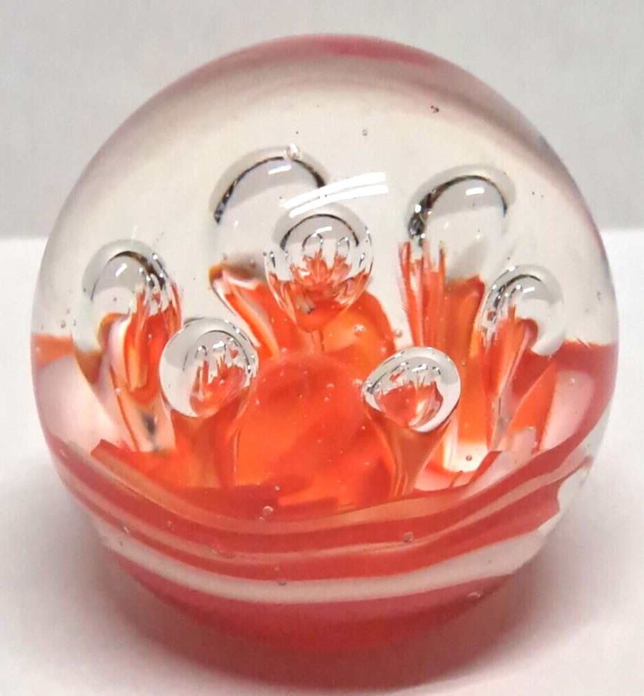 Blown glass paperweight decoration clear, orange, and white sphere 2.5 inch