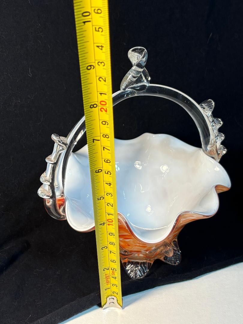 Vintage Fenton Orange Hand Blown Glass Ruffle Basket Vase with Top Handle