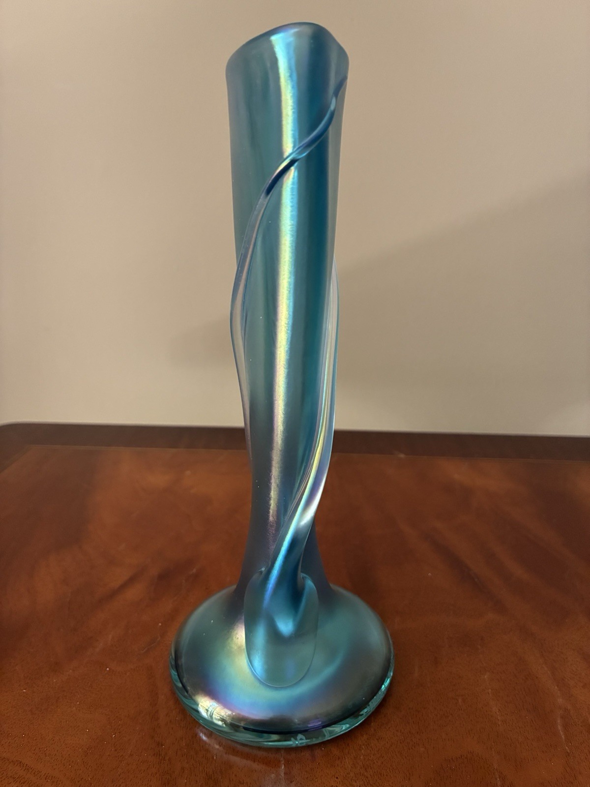 Zellique Glass Studio Iridescent Blue 8” Art Glass Vase Signed JM Joseph Morel