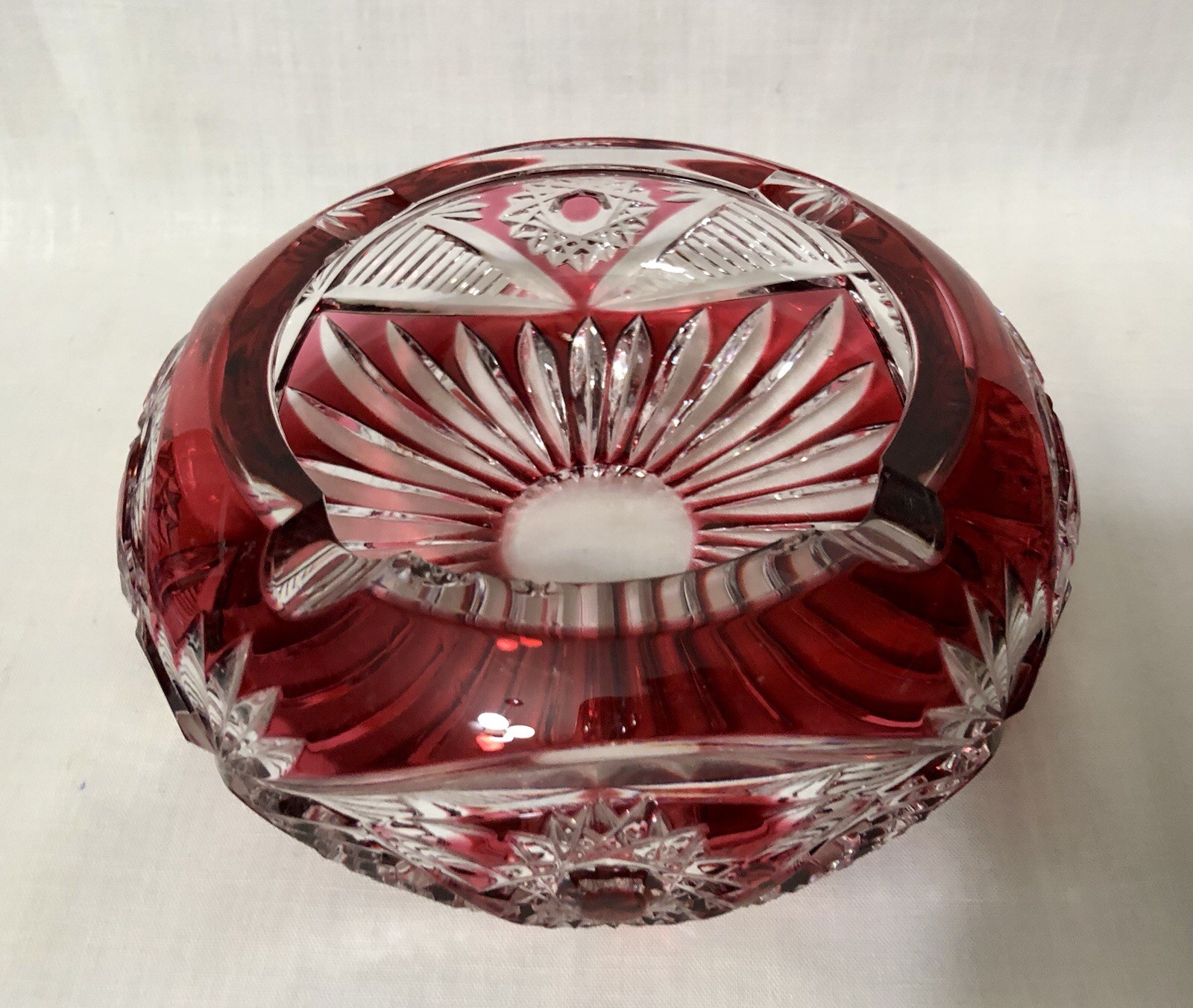 Bohemian Ruby Red Cranberry Crystal Cut Glass Ashtray Bowl