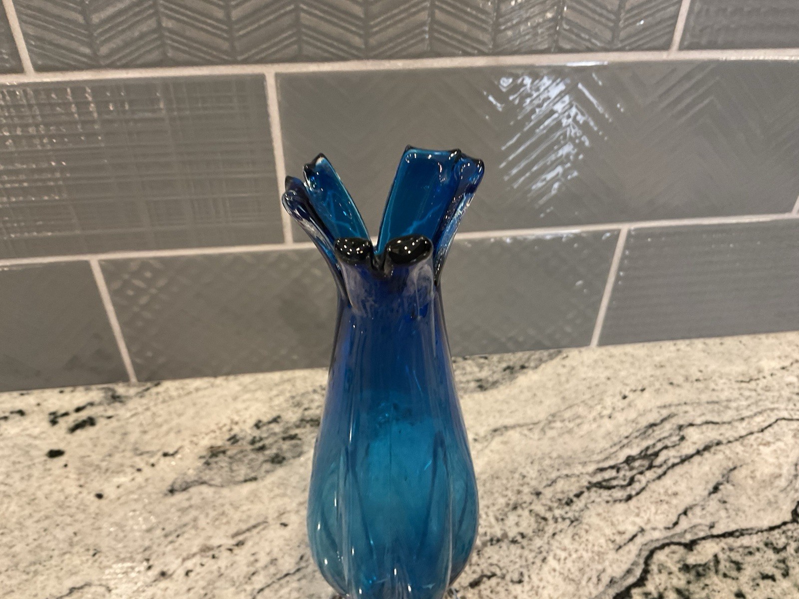 Vintage Lefton Glass Blue Swung Vase Clipped Top 9.25 In