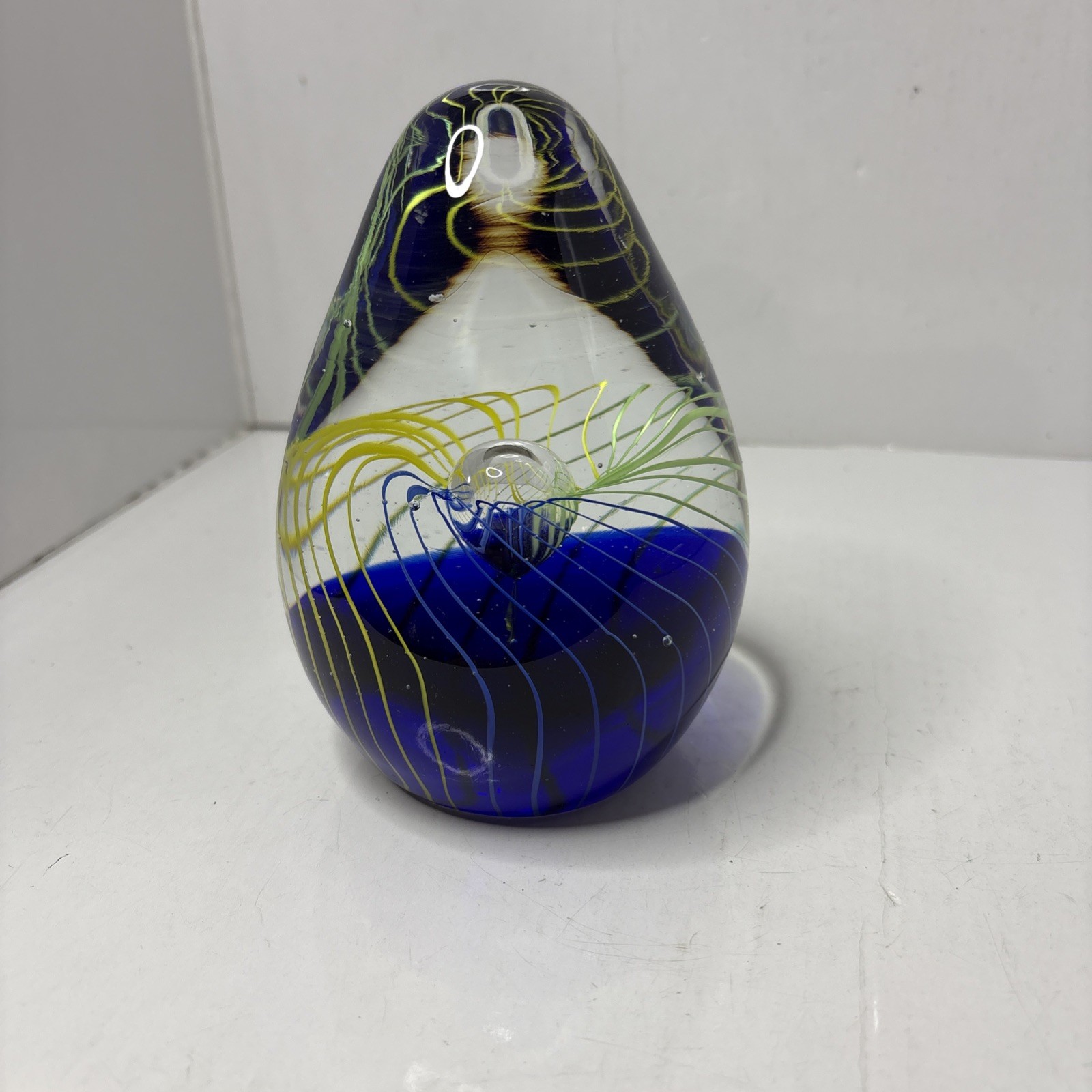 Heavy 5.5″ Art Glass Paperweight Cobalt and Chartreuse Green Swirls and Bubbles