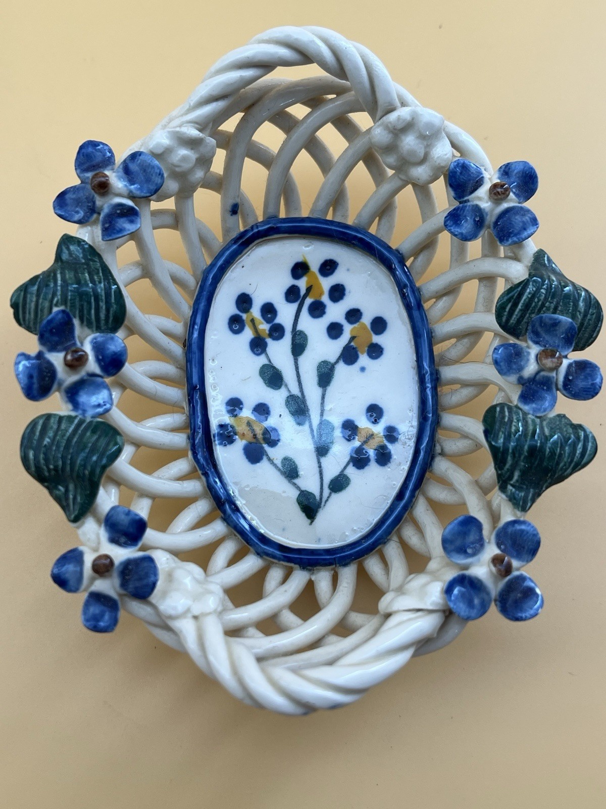Absolutely Adorable Handmade Clay Spaghetti Basket with Blue Flowers