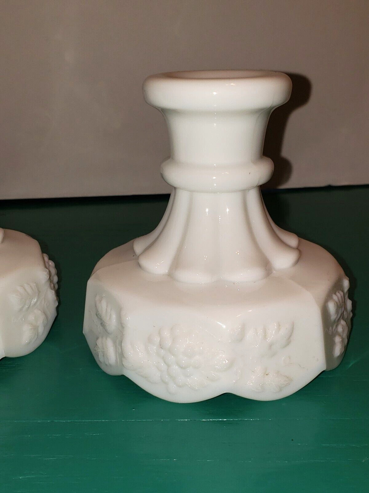 VTG Set Westmoreland White Milk Glass Grape Paneled Skirted Candle Stick Holders