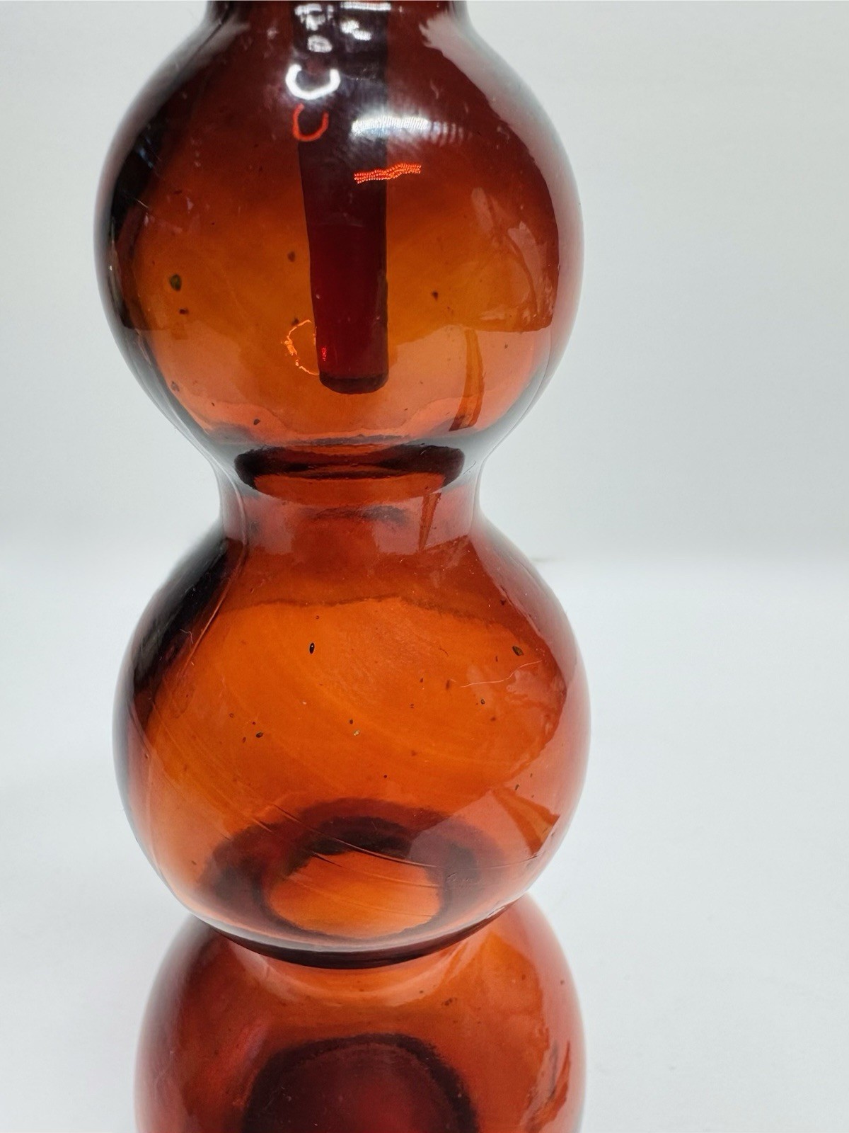 Vintage Glass Amber Bottle with Stopper 7-3/4” Tall, Triple Gourd Bubble Bottle