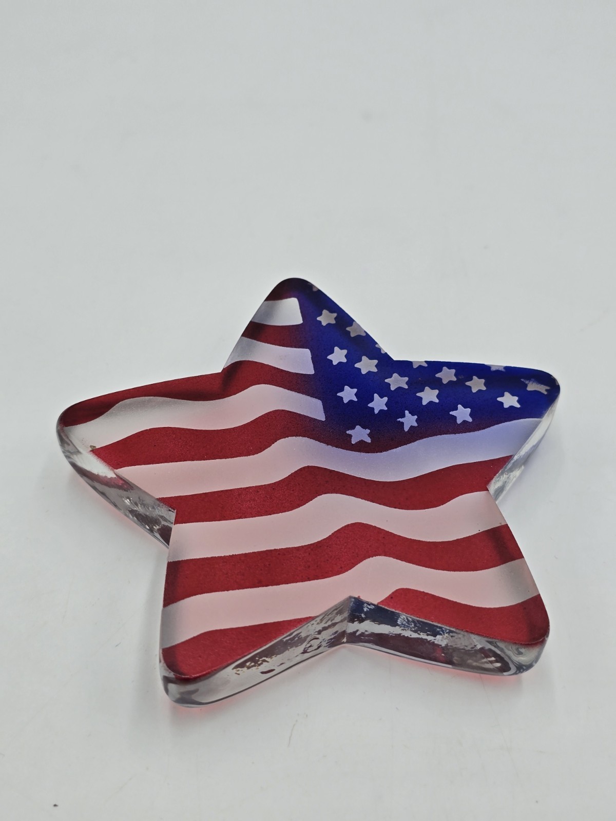Fenton Patriotic American Flag Star Glass Paperweight Red White Blue USA