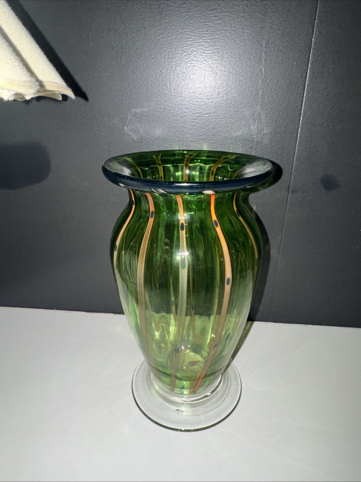Sweet Murano Hand Blown Art Glass 7.5″ Green Ribbed Vase w Gold Strips Blue Dots