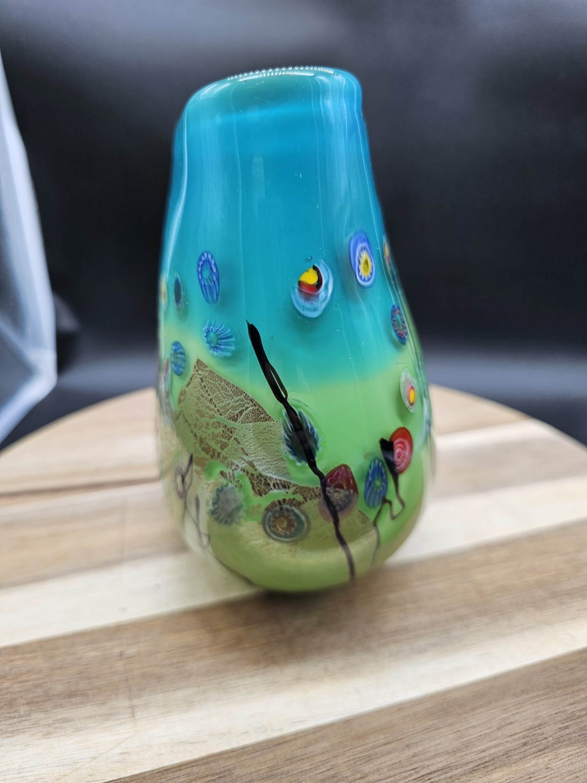 Murano Style Blown Art Glass Multicolor Flat Vase