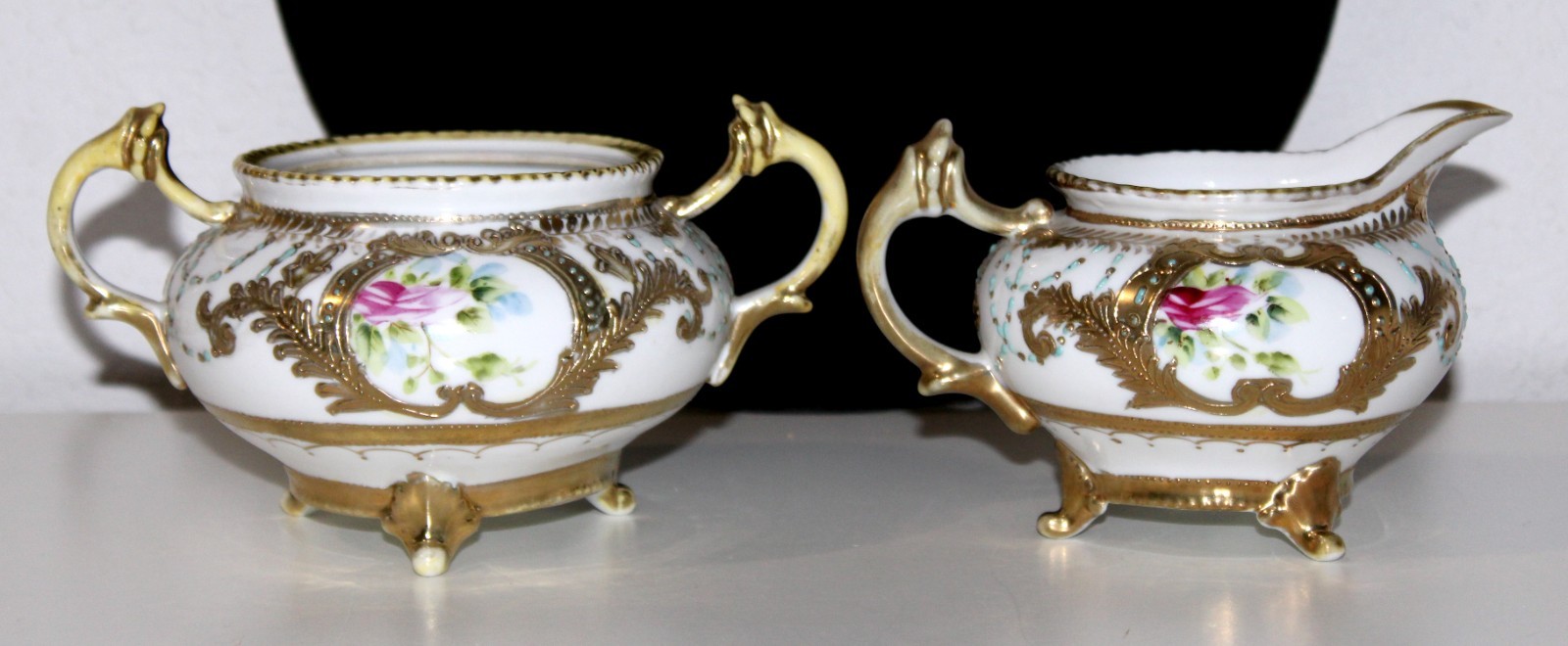 Nippon Porcelain Compote Dish Blue Flowers Signed Blue Sun Logo