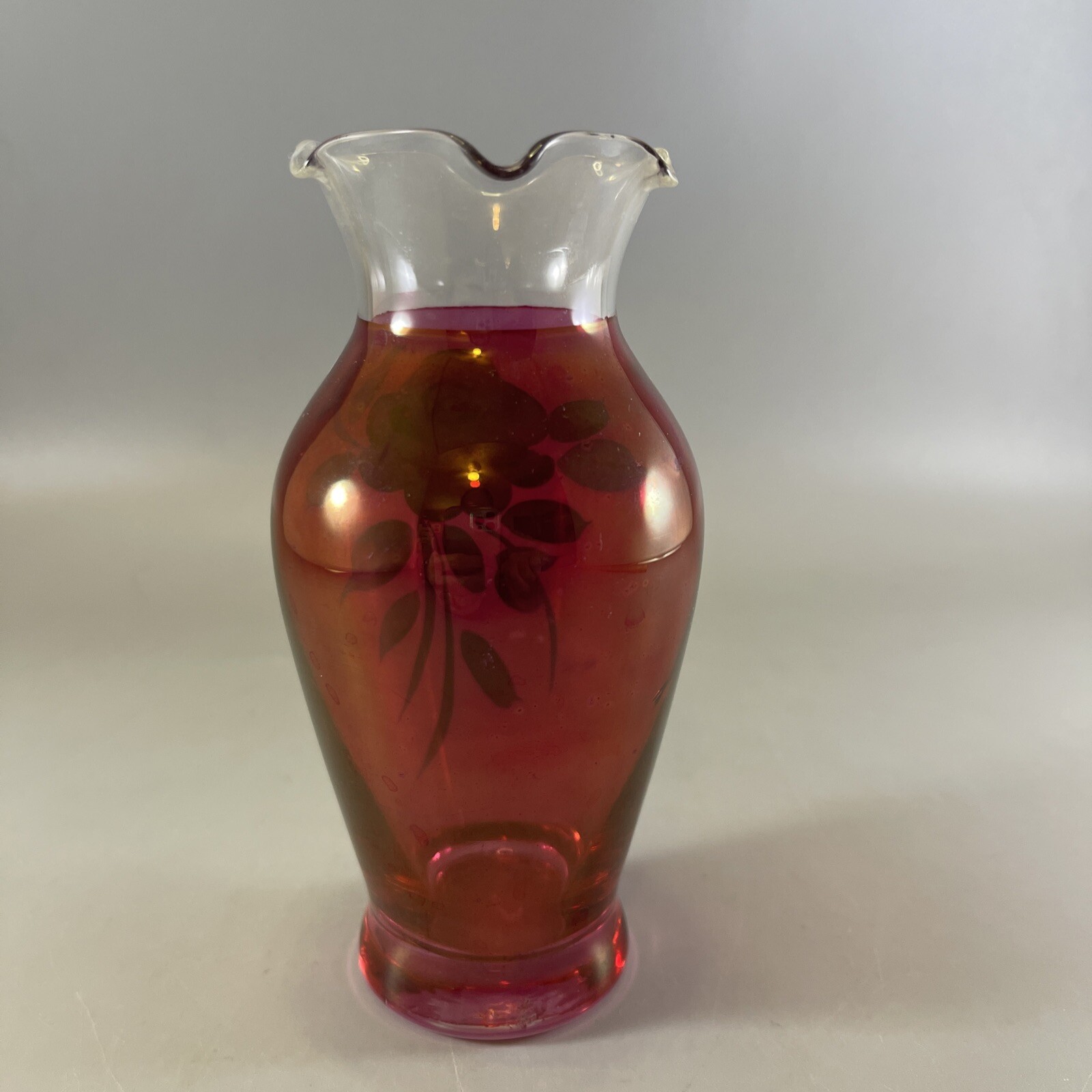 Westmoreland Glass Ruby Flash Red Vase Hand Painted Rose 5.5 In. Tall Vintage