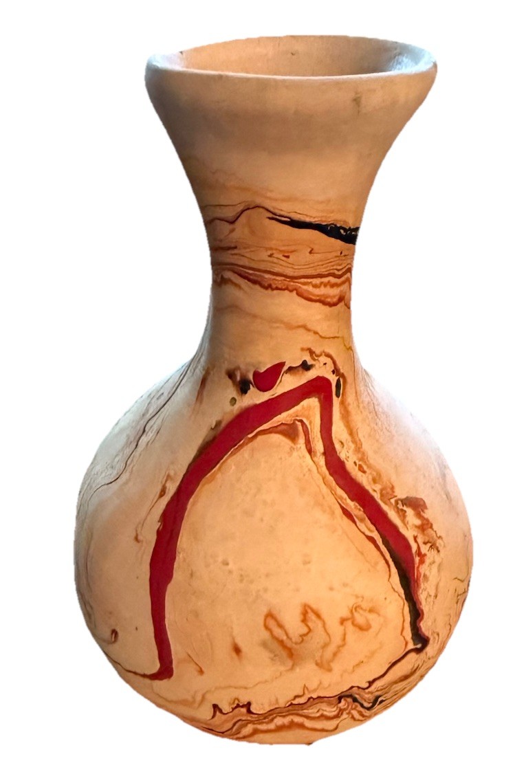 Nemadji Art Pottery Vase Swirl Orange Brown Beige & Cream USA 6.25″ Vintage.