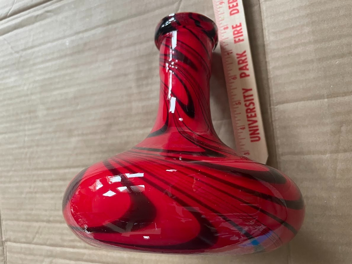 VINTAGE Red Black Heavy Thick Art Glass Vase~Cased White