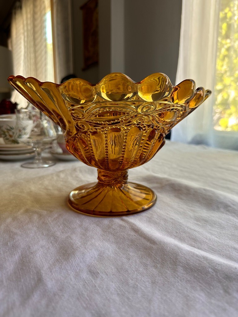 Fenton Eyewinker Pattern for LG Wright AMBER GOLD Footed Candy dish 6″ tall VTG