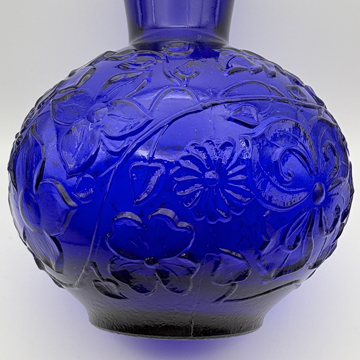 Vintage Cobalt Blue Glass Vase Embossed Floral Unmarked Italy Style