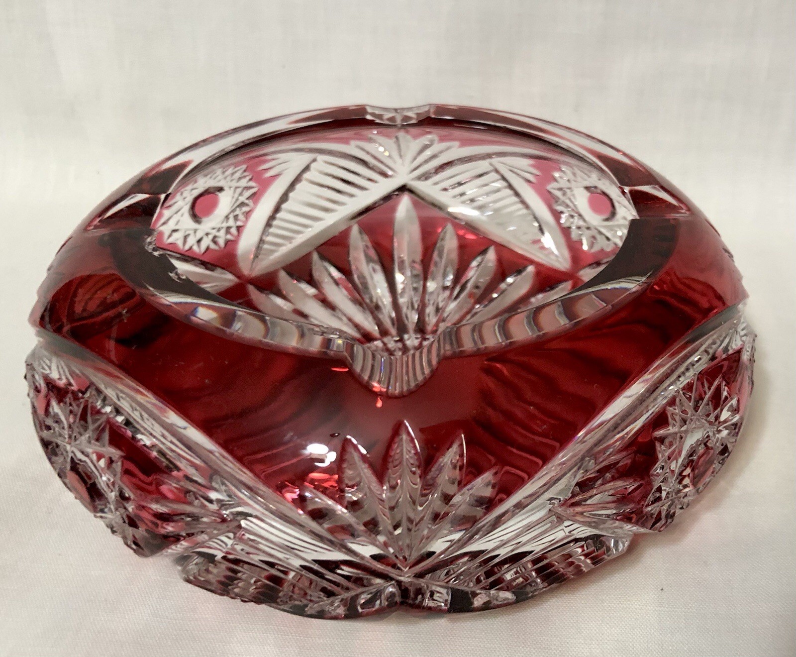 Bohemian Ruby Red Cranberry Crystal Cut Glass Ashtray Bowl